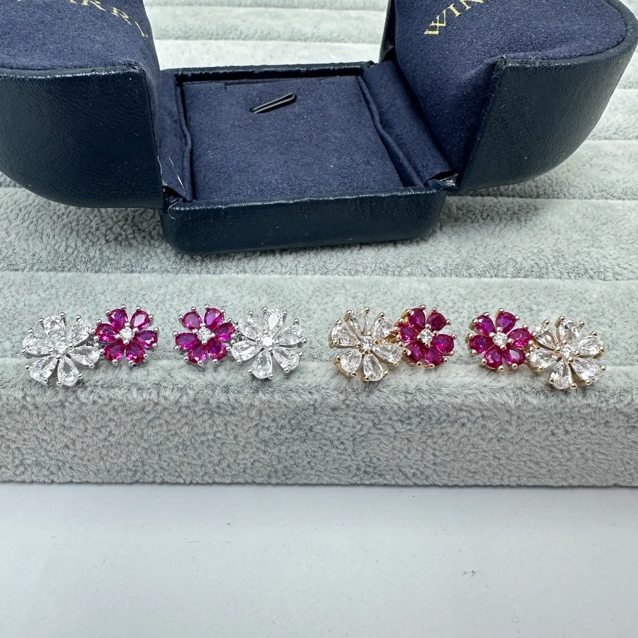 Silver Pink Flower-Shaped Multi-Stone Earrings 4