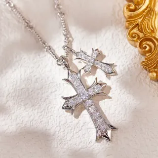 Collier Double Croix Cristaux Pavé Argenté