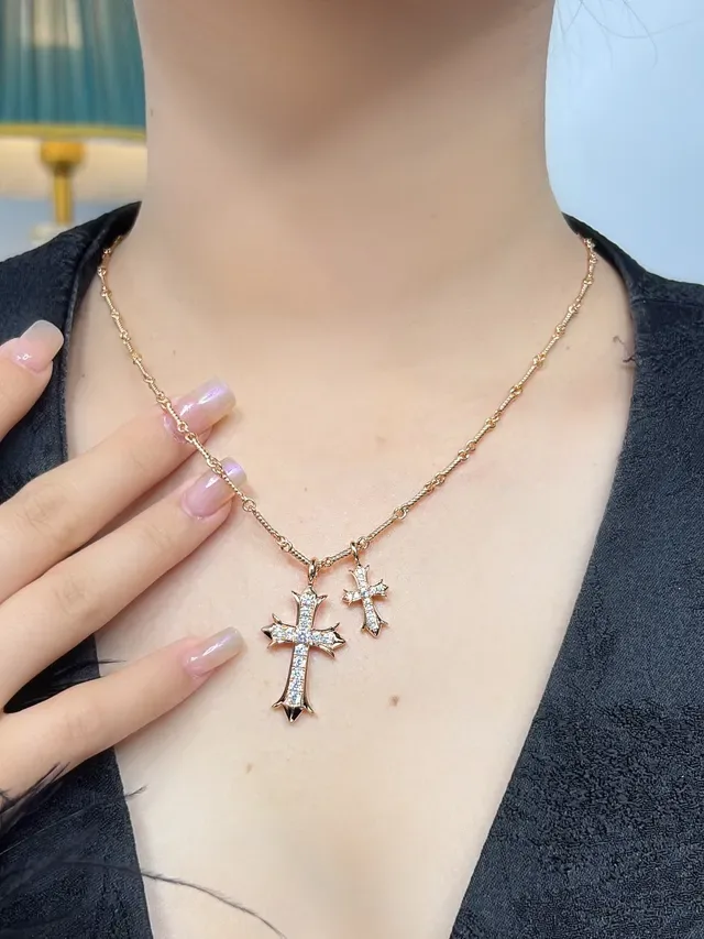 Silver-Tone Double Cross Pavé Crystal Necklace 3