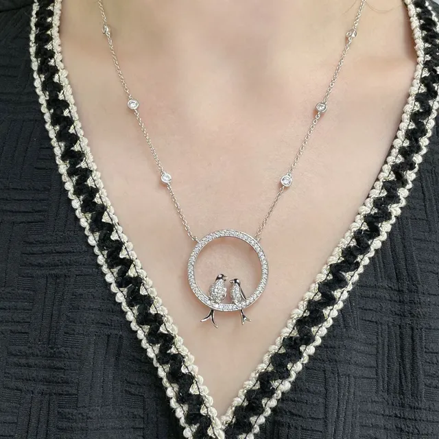 Silver-Tone Pavé Bird Circle Pendant Necklace 9
