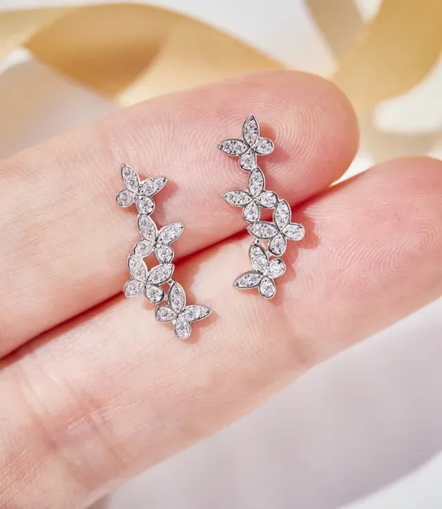 Silver-Tone Pave Butterfly Vine Stud Earrings 4
