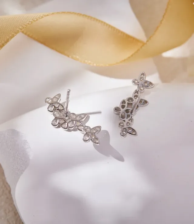 Silver-Tone Pave Butterfly Vine Stud Earrings 5