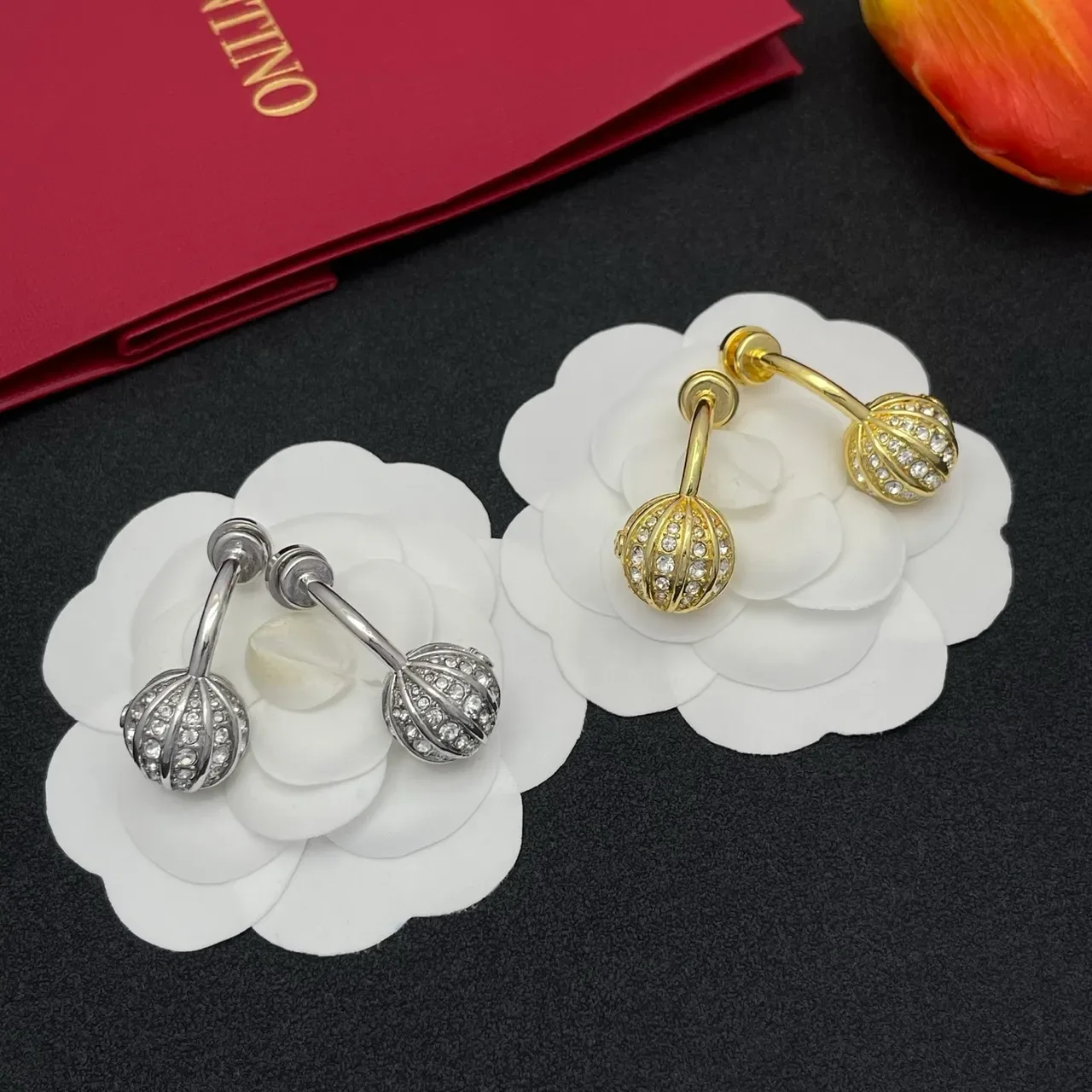 Silver-Tone Pavé-Crystal Ribbed Spherical Cuff Earrings 2