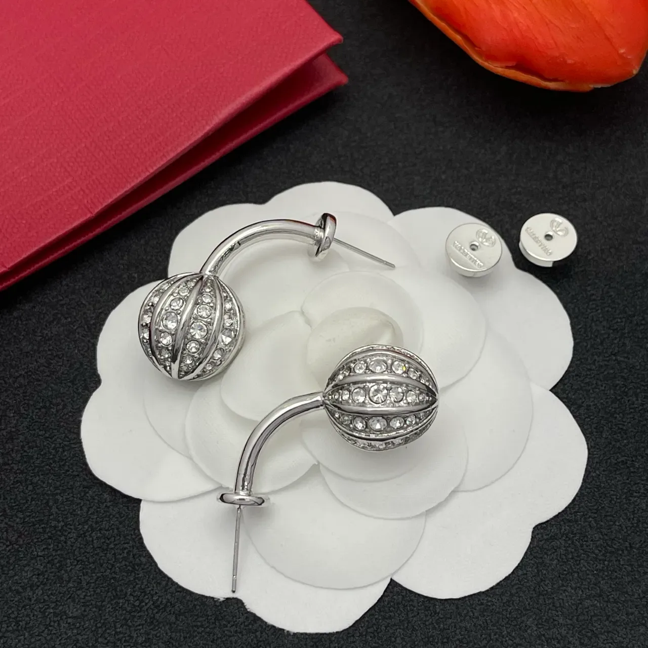 Silver-Tone Pavé-Crystal Ribbed Spherical Cuff Earrings 3