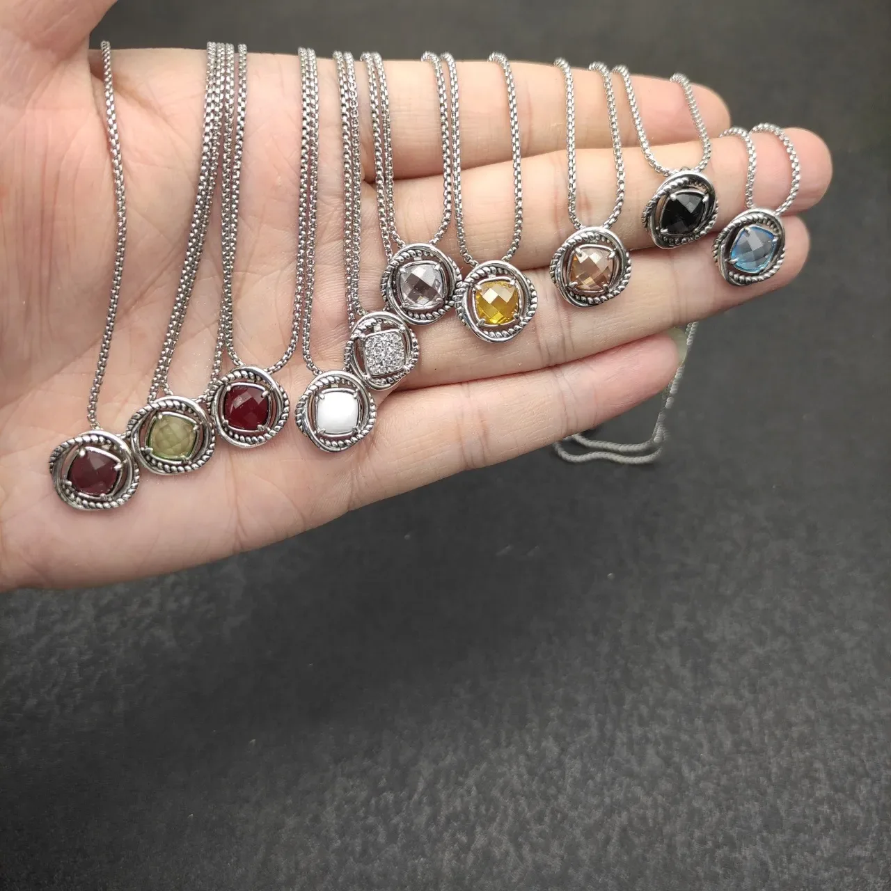 Silver-Toned Rope Bezel Black Faceted Stone Pendant Necklace 2