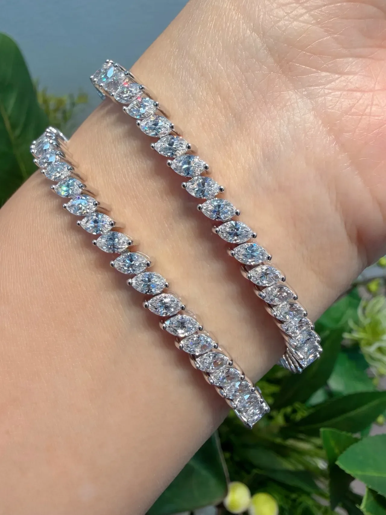 Silver White Oval-Cut Stones Prong-Set Bracelet 9