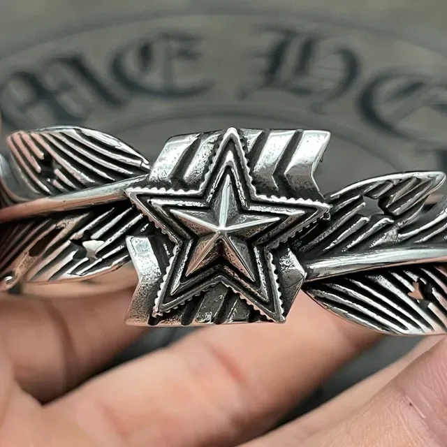 Star and Feather Motif Silver Cuff Bracelet 4