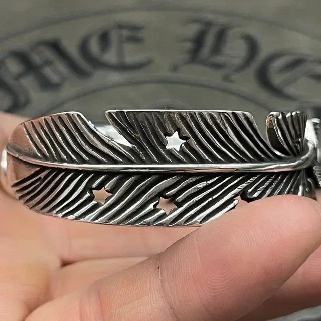 Star and Feather Motif Silver Cuff Bracelet 5