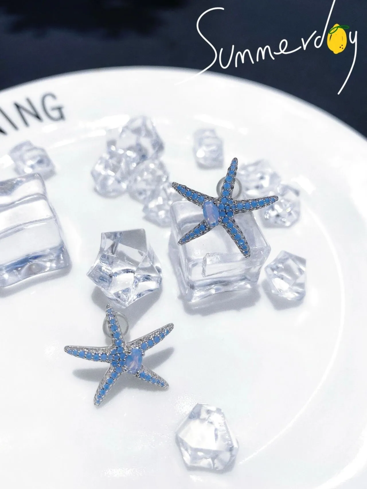Starfish-Shaped Pavé Light Blue Stone Stud Earrings 7