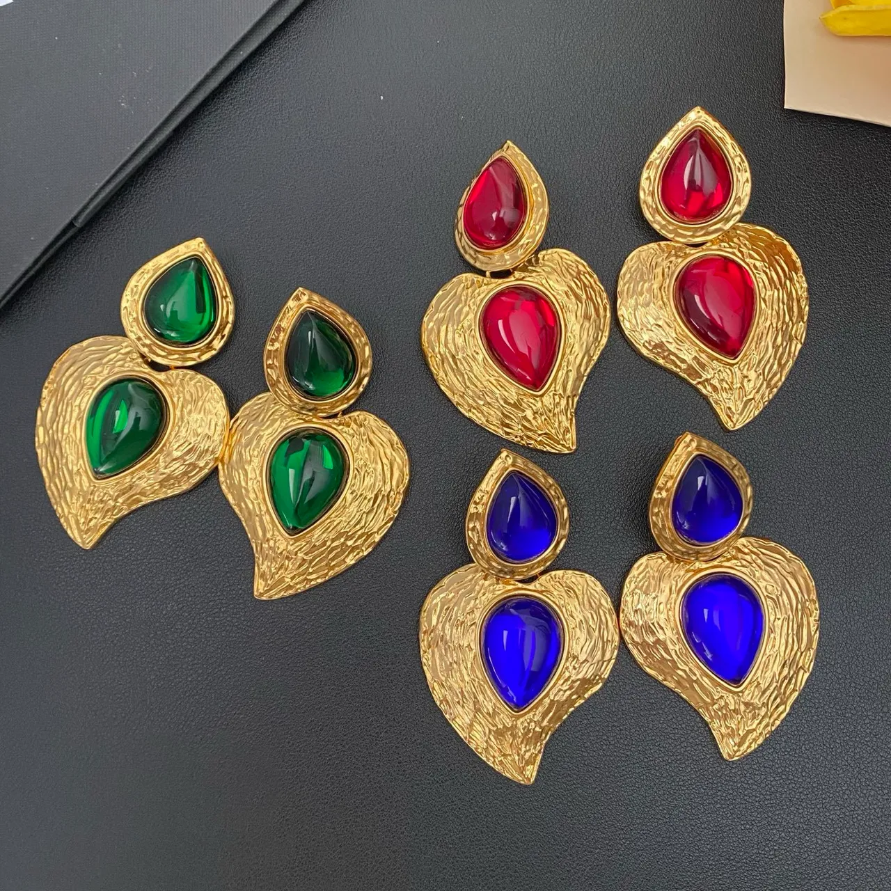 Textured Gold-Tone Double Teardrop Cabochon Statement Earrings 3