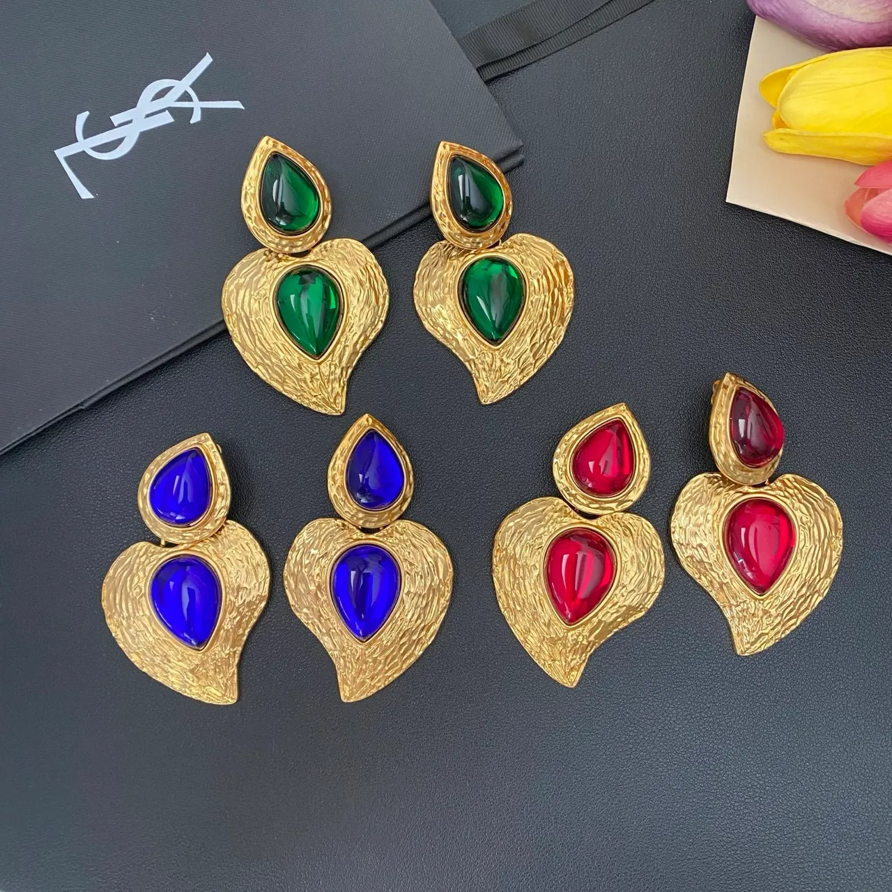 Textured Gold-Tone Double Teardrop Cabochon Statement Earrings 8