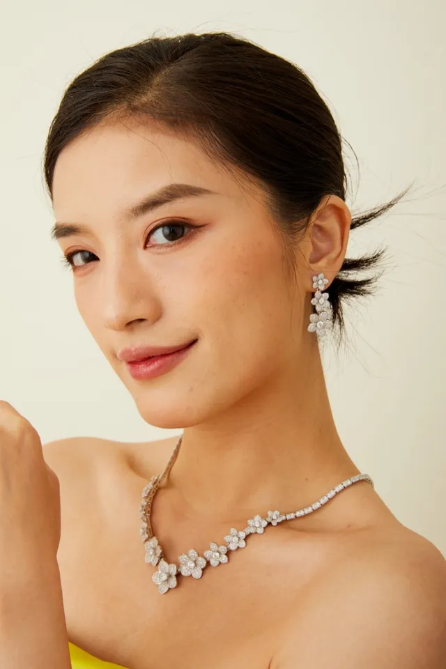 Triple-Flower Pavé Drop Earrings 2