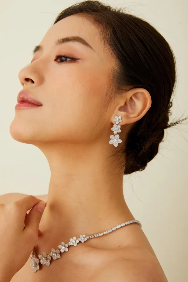 Triple-Flower Pavé Drop Earrings 5
