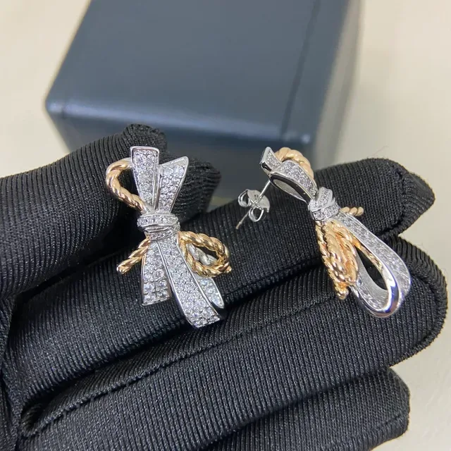 Two-Tone Gold Pavé Bow and Rope Earrings 4