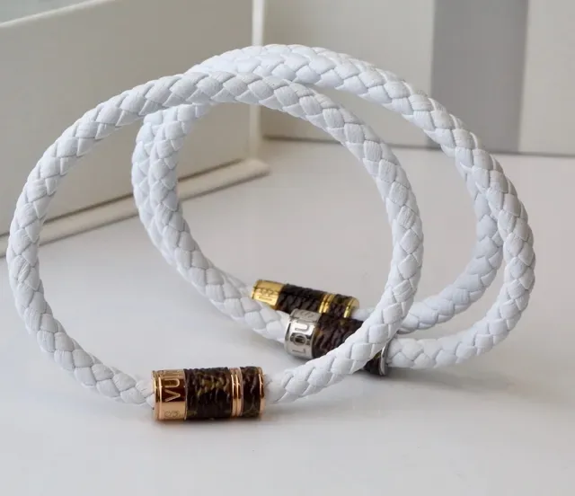 White Brown Braided Cord Monogrammed Leather Accent Bracelet 3