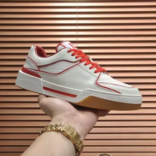 White Red Leather-Like Upper Contrast Piping Sneakers