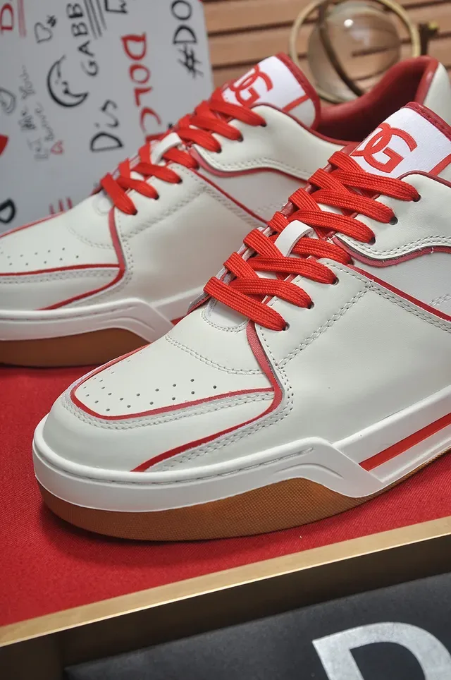 White Red Leather-Like Upper Contrast Piping Sneakers 3