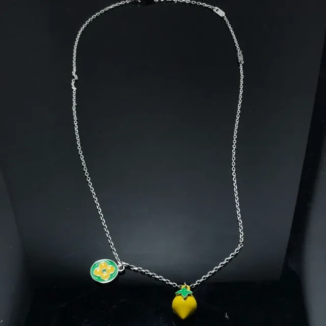 Yellow and Green Enamel Flower and Lemon Charm Necklace 3