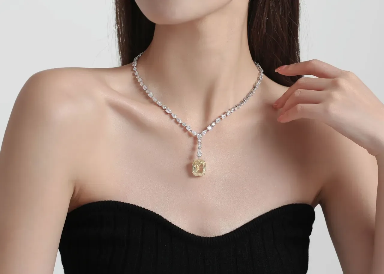 Yellow Blue Cushion-Cut Center Stone Y-Drop Pendant Design Necklace 4