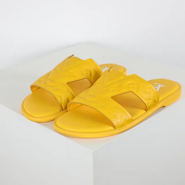 Yellow Embossed Two-Strap Flat Slippers 2
