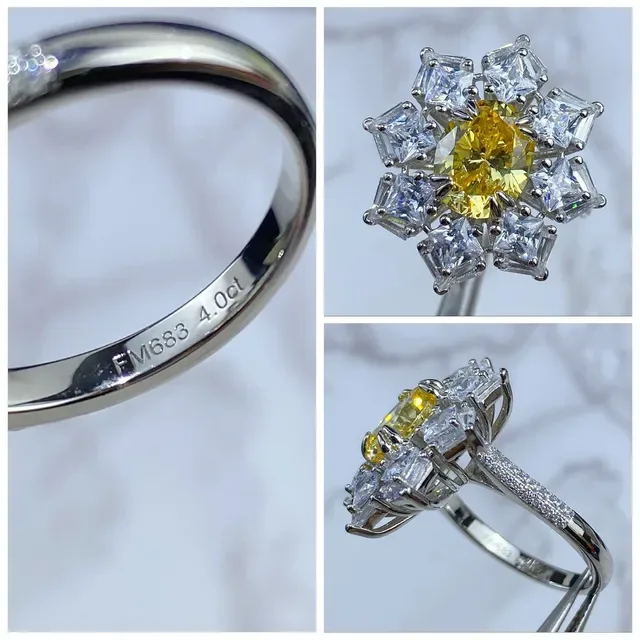 Yellow Silver Cluster Floral/starburst Setting Ring 5