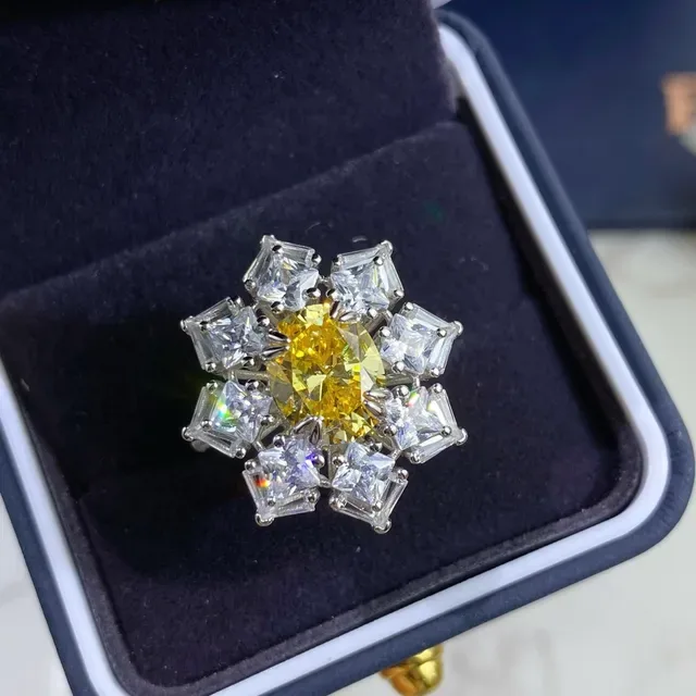 Yellow Silver Cluster Floral/starburst Setting Ring 8