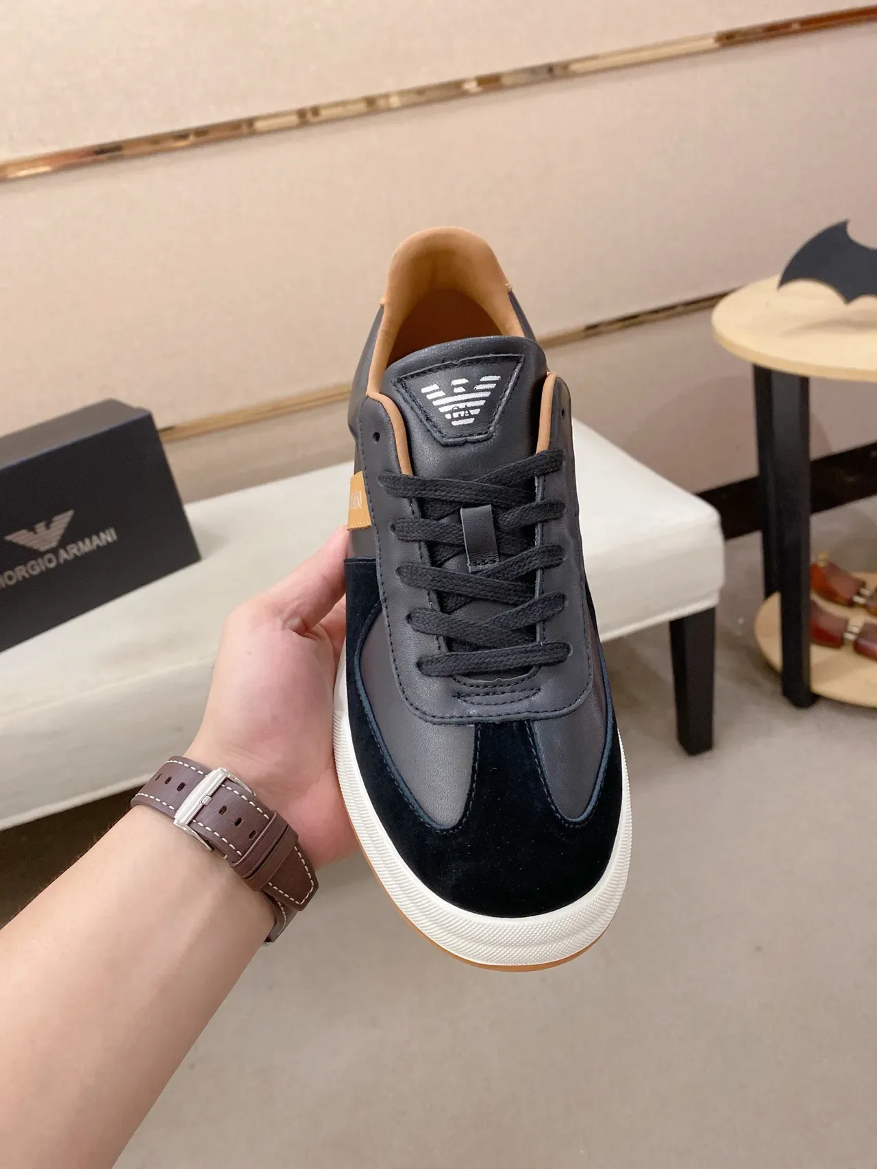 Giorgio Armani Black and Tan Stripe Lifestyle Sneaker 2