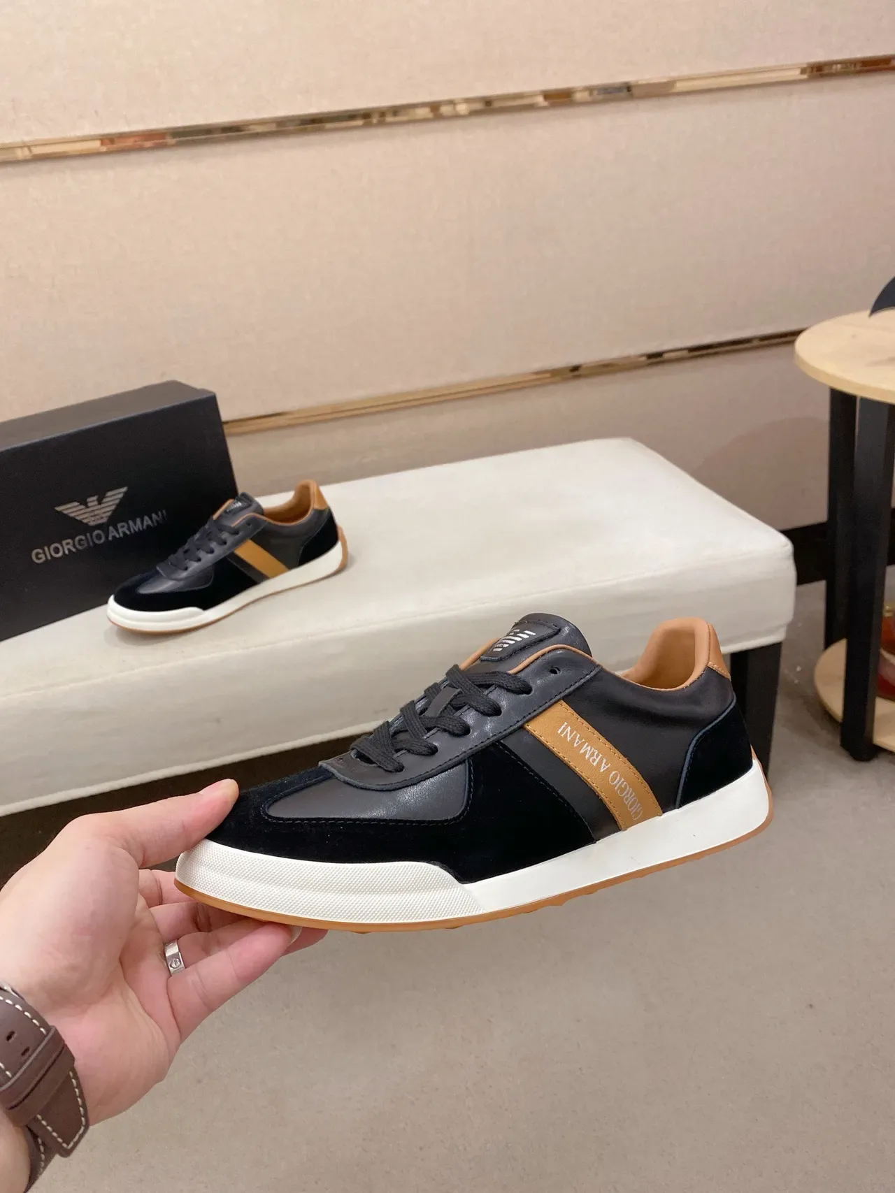 Giorgio Armani Black and Tan Stripe Lifestyle Sneaker 3