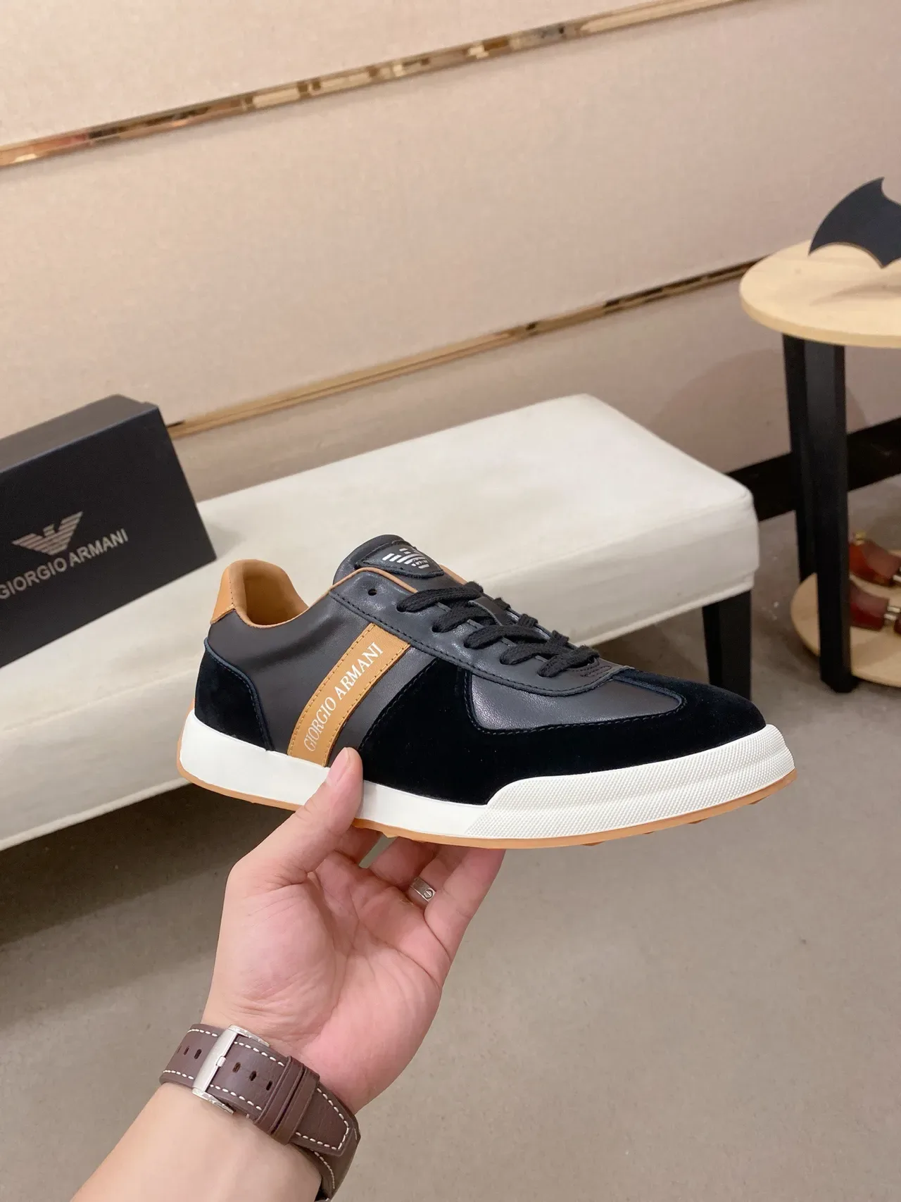 Giorgio Armani Black and Tan Stripe Lifestyle Sneaker 4