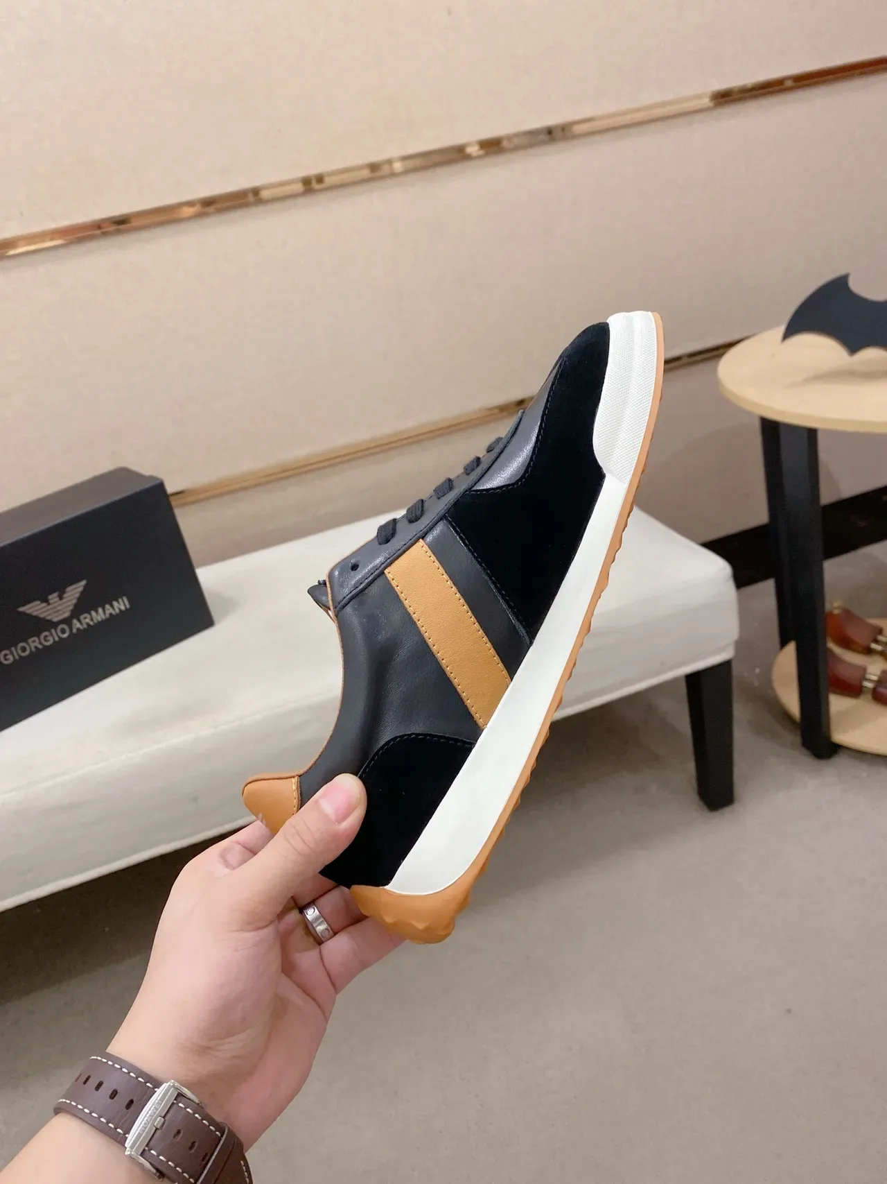 Giorgio Armani Black and Tan Stripe Lifestyle Sneaker 5