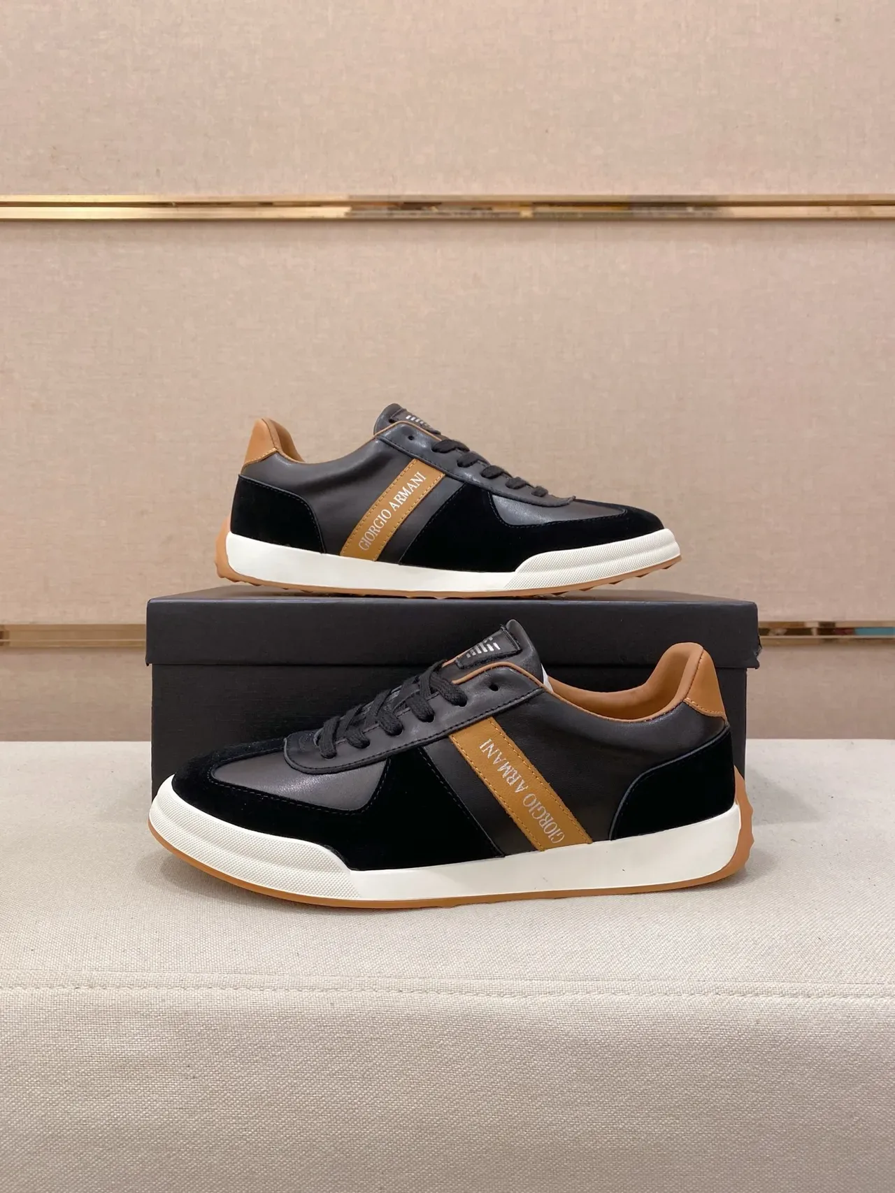 Giorgio Armani Black and Tan Stripe Lifestyle Sneaker 7
