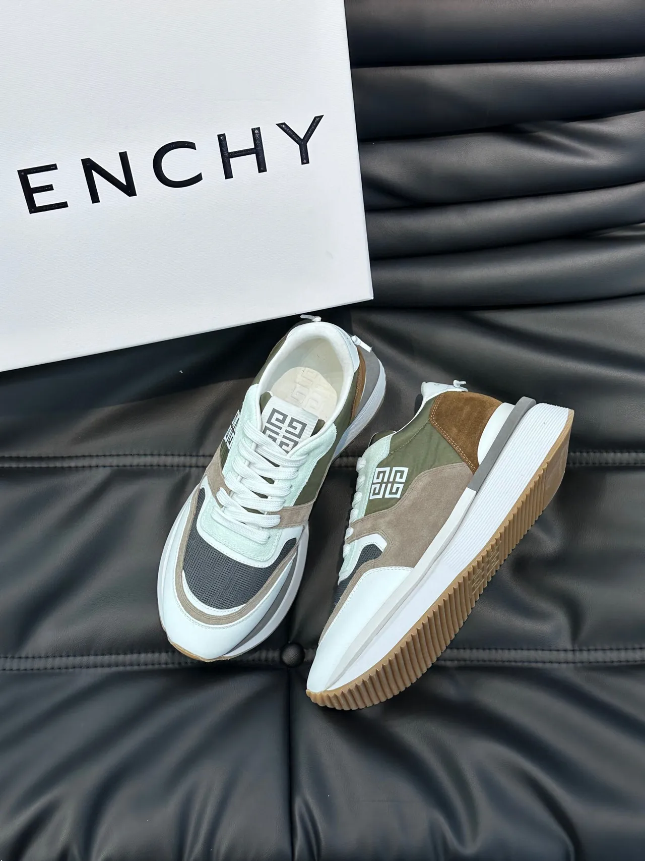 Givenchy White Army Green Multi-Material Patchwork 4G Logo Branding Chunky Sneakers 3