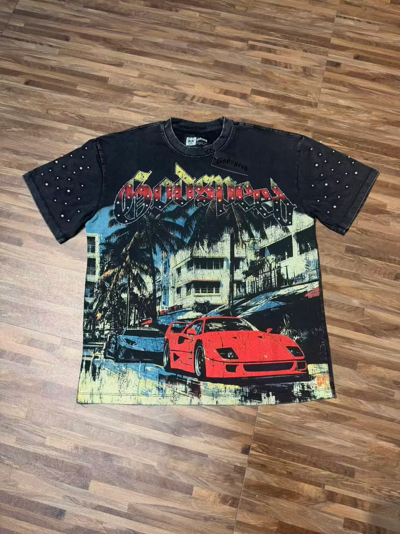 Godspeed Graphic Print Rhinestone Sleeve T-Shirt 4