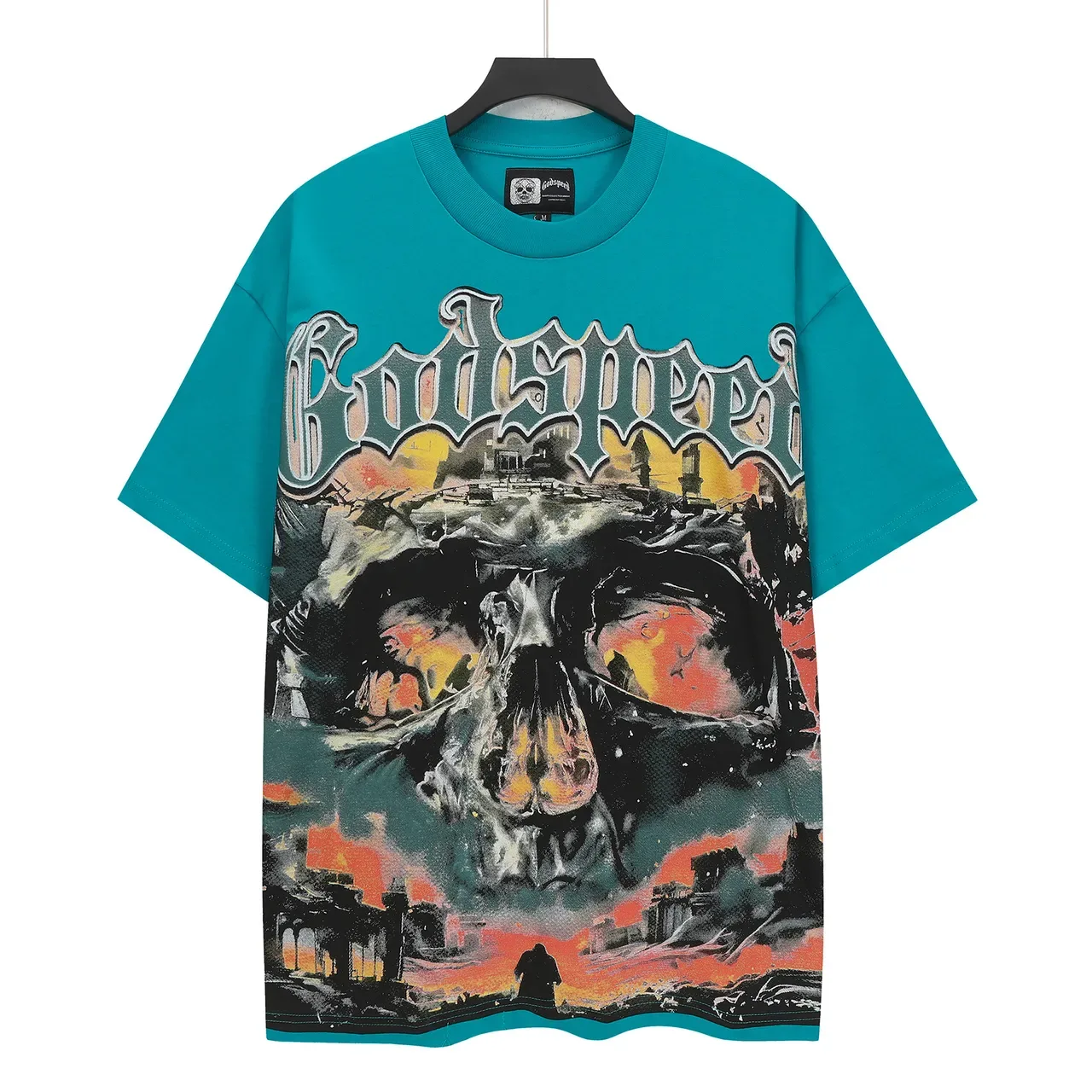 Camiseta oversized Godspeed com estampa gráfica frente e verso verde-azulado 2