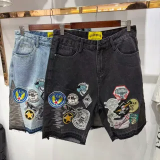 Godspeed Patchwork Embroidered Distressed Denim Shorts