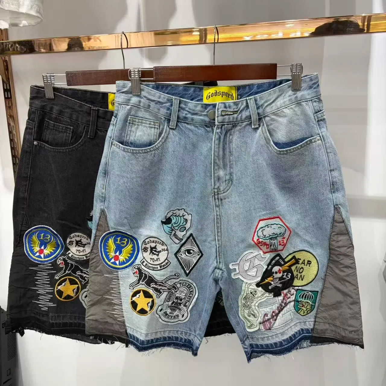 Godspeed Patchwork Embroidered Distressed Denim Shorts 3