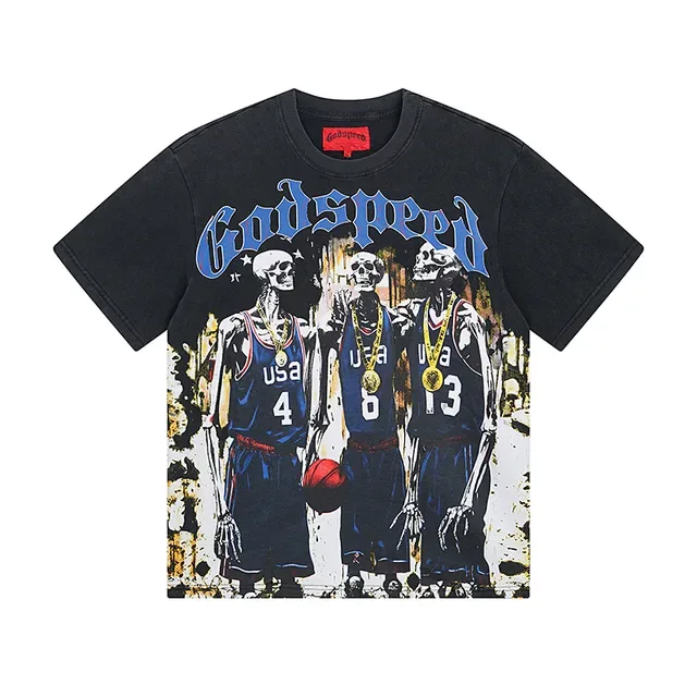 Camiseta negra Godspeed con estampado gráfico de esqueleto y baloncesto 2