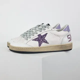 Golden Goose Super-Star Brancos Roxos com Appliqué de Purpurina Desgastados Sola de Borracha Lifestyle Sneakers