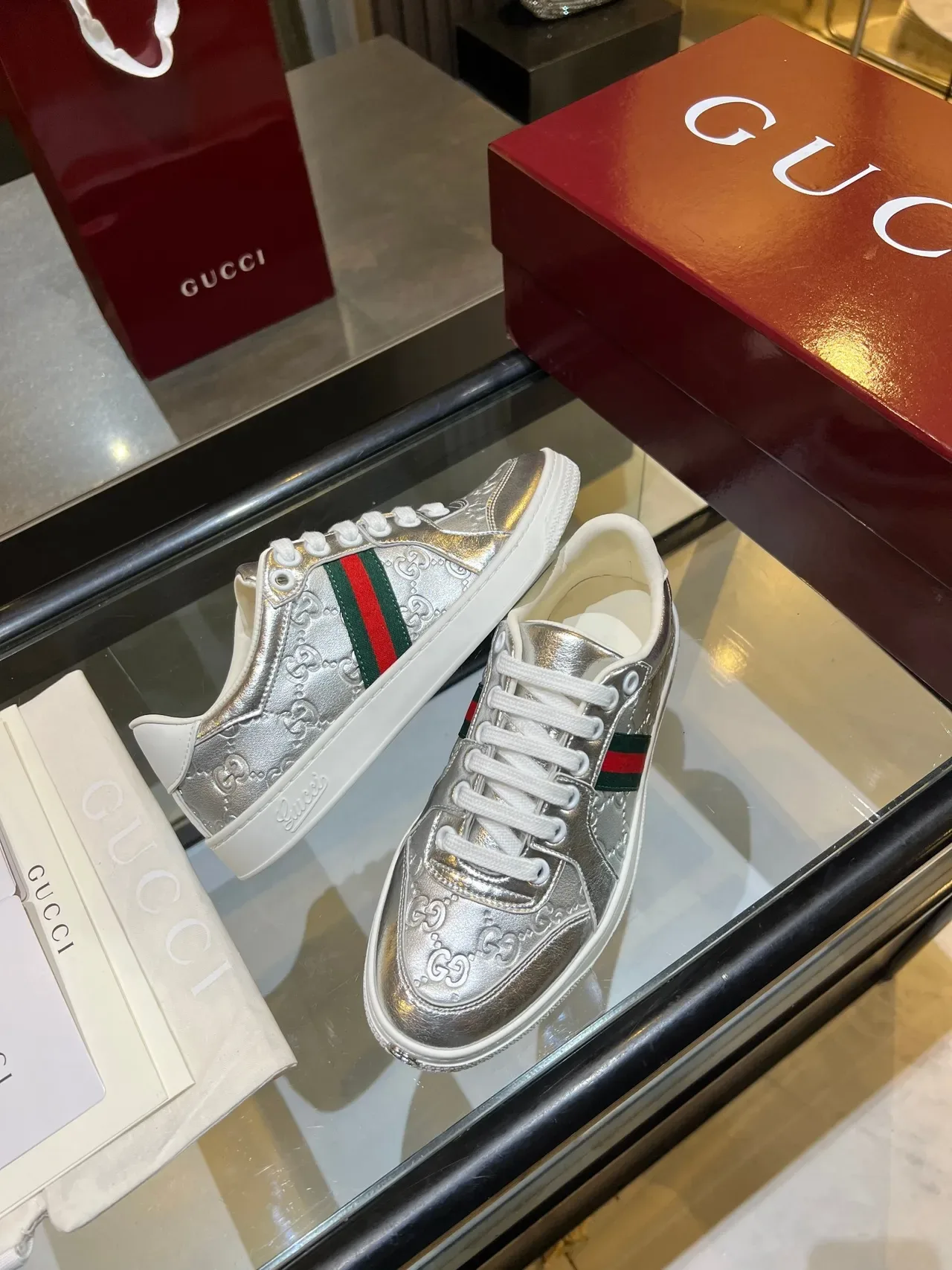 Gucci Ace Metallic Silver GG Monogram Web Stripe Lifestyle Sneakers 2