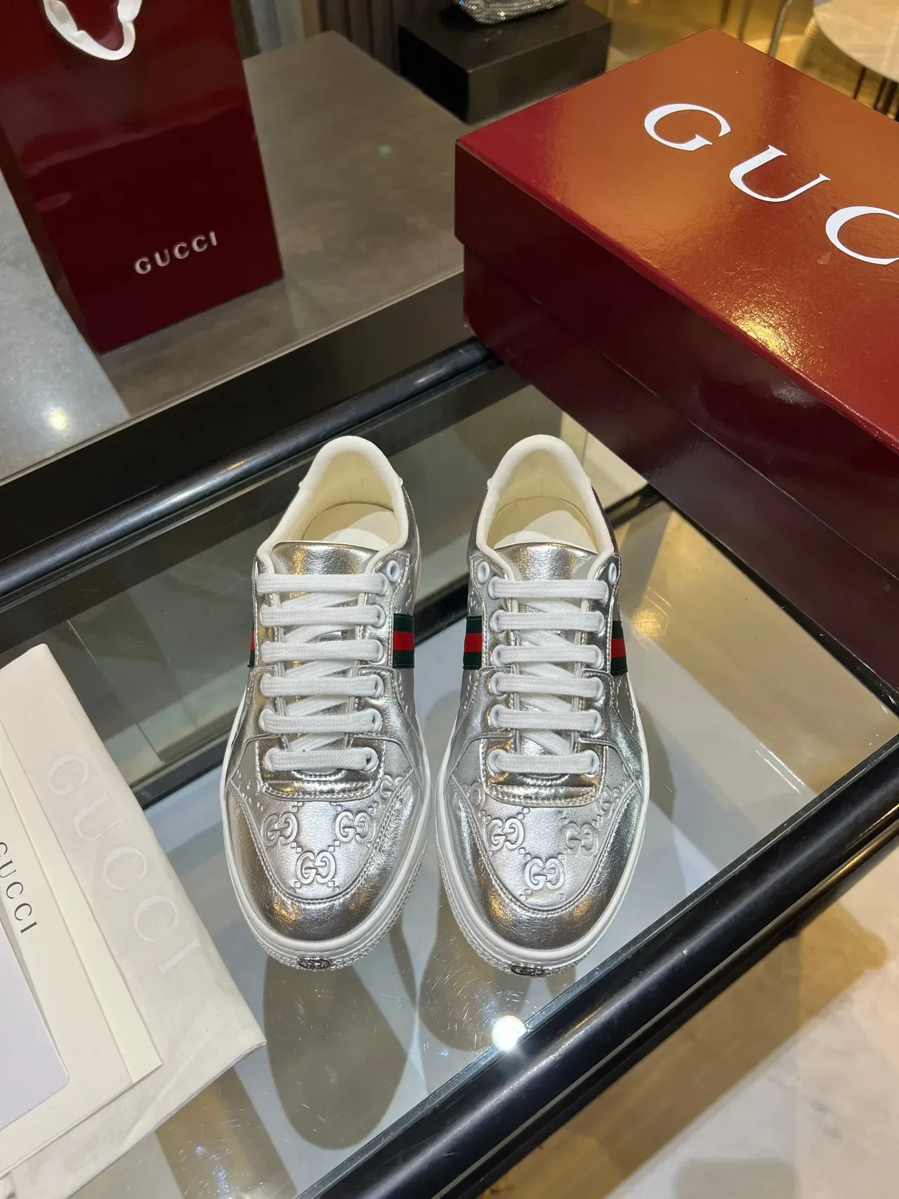 Gucci Ace Metallic Silver GG Monogram Web Stripe Lifestyle Sneakers 3