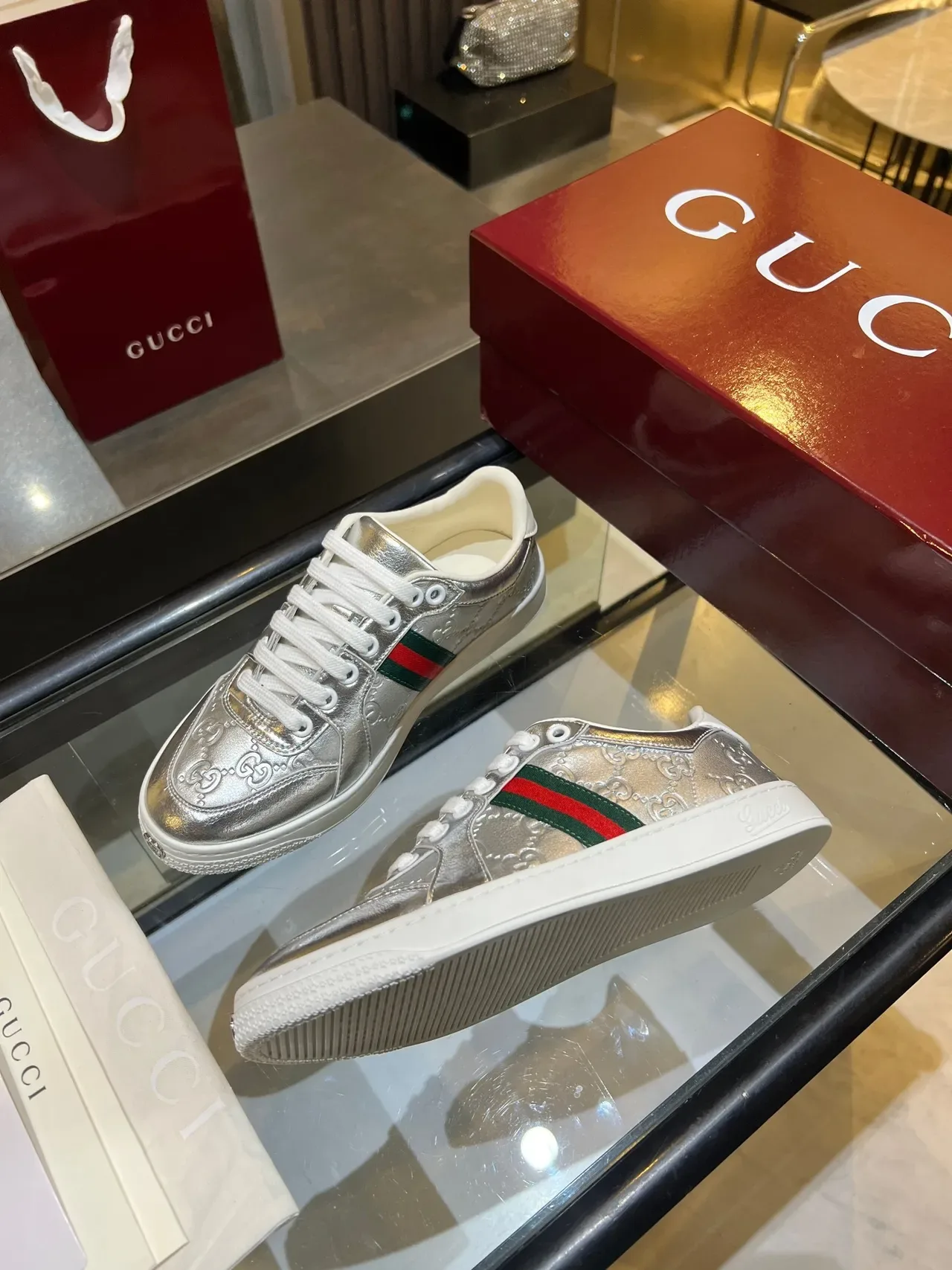 Gucci Ace Metallic Silver GG Monogram Web Stripe Lifestyle Sneakers 4