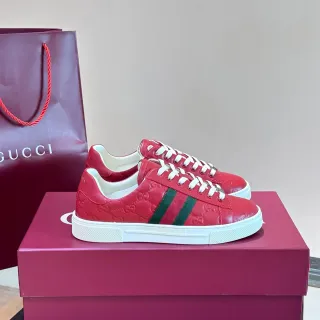Gucci Ace 红色皮革网纹条纹生活方式运动鞋