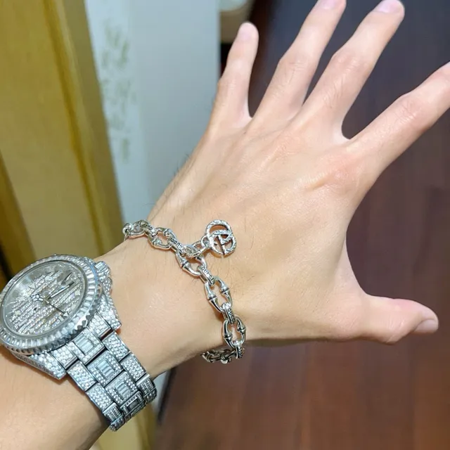 Gucci Bamboo Silver Green Chain Engraved Brand Links Bracelet 7
