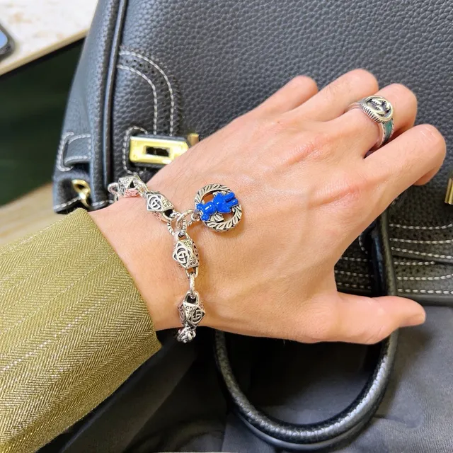 Gucci Bear Charm Silver Blue Interlocking GG Monogram Links Octagonal Faceted Bracelet 8