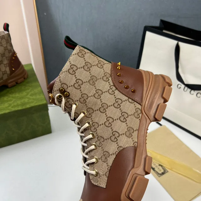 Gucci Beige Brown GG Monogram Canvas Leather Accents Work Boots 3