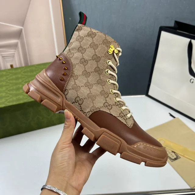 Gucci Beige Brown GG Monogram Canvas Leather Accents Work Boots 4