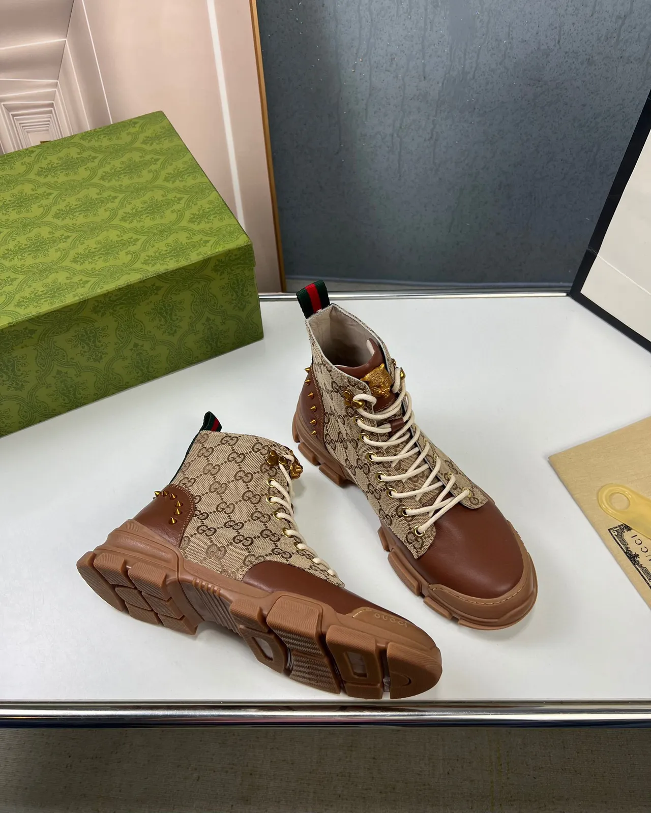 Gucci Beige Brown GG Monogram Canvas Leather Accents Work Boots 5