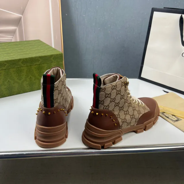 Gucci Beige Brown GG Monogram Canvas Leather Accents Work Boots 6
