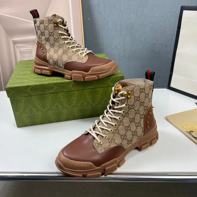 Gucci Beige Brown GG Monogram Canvas Leather Accents Work Boots 7