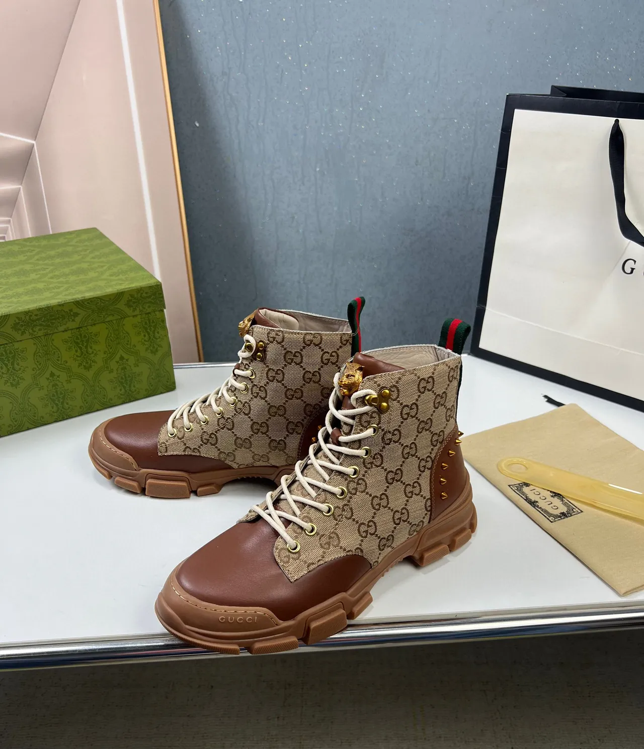 Gucci Beige Brown GG Monogram Canvas Leather Accents Work Boots 8